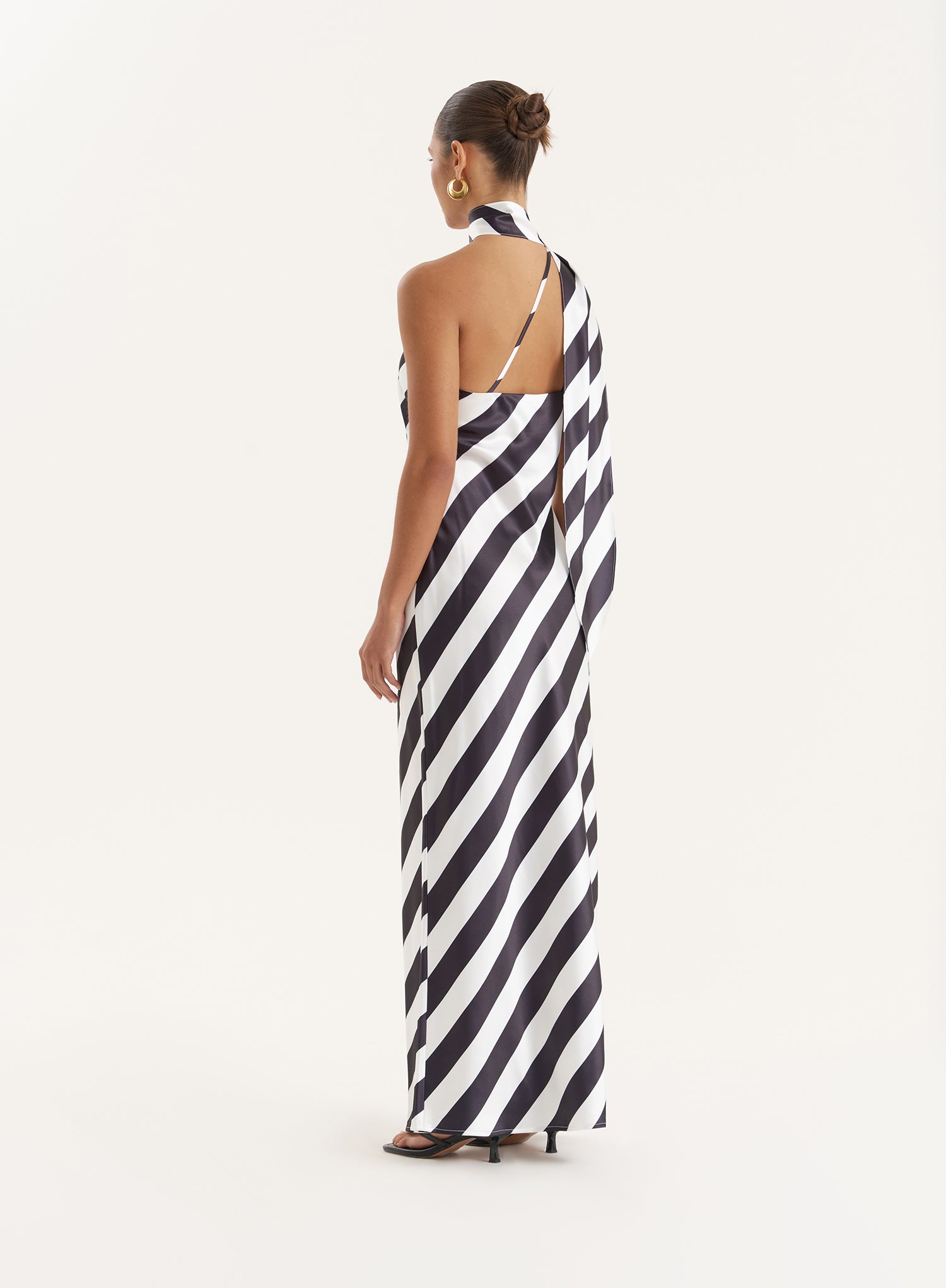 Stripe Print Satin One Shoulder Maxi Dress